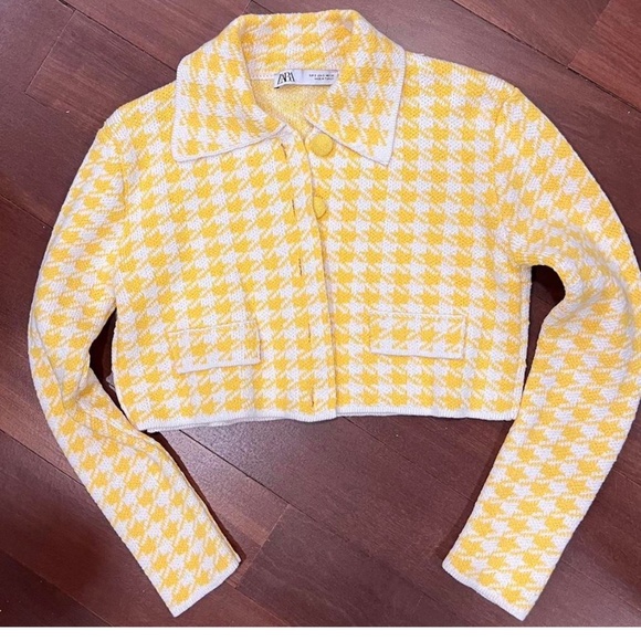 ZARA Yellow / White Houndstooth Tweed CROP Jacket SIZE M  Rare ! - Picture 4 of 6